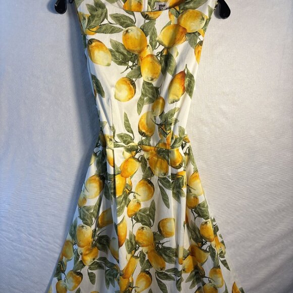 Anne Klein Lemon Print Sleeveless Fit & Flare Dress With Waist Tie Size 6 White/ - Picture 2 of 11